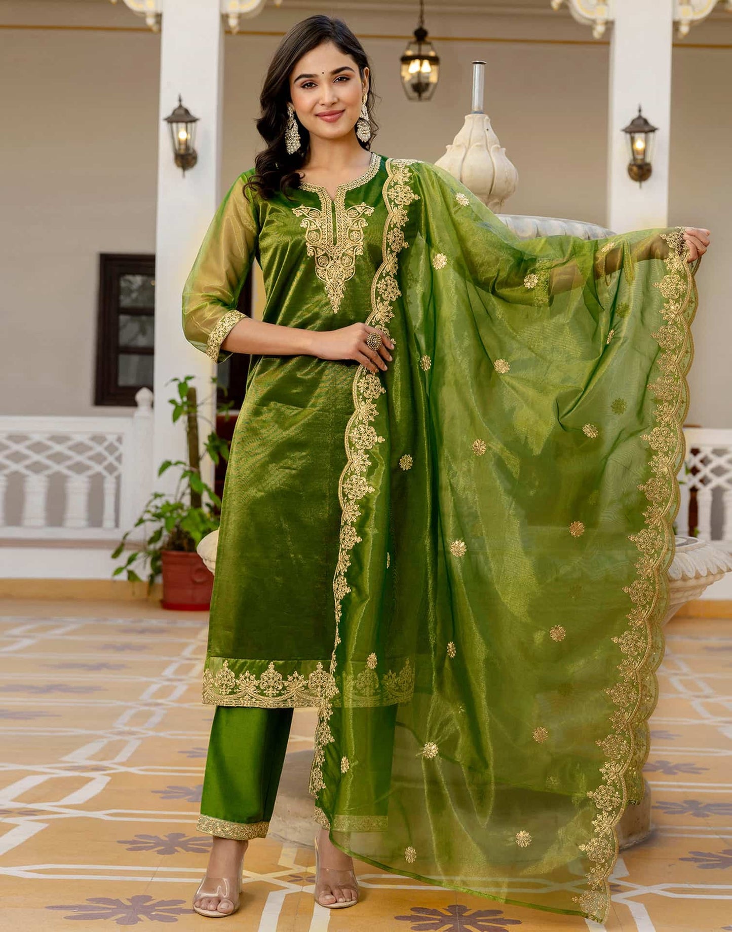 Net Sequins, Embroidery and Gota Lace Straight Kurta with Pant & Dupatta