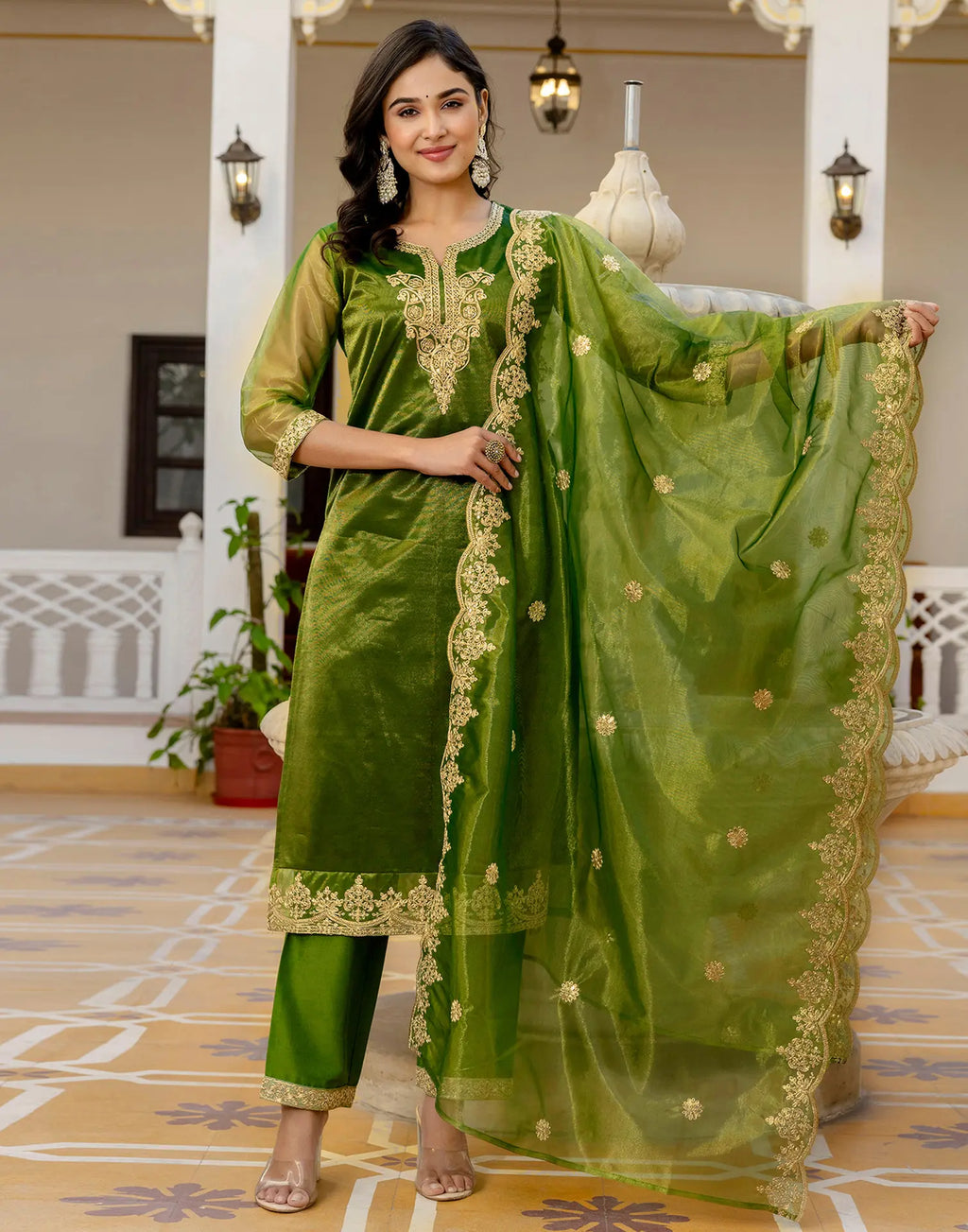 Shimmer Net Embroidered Straight 3 Piece Kurta Set