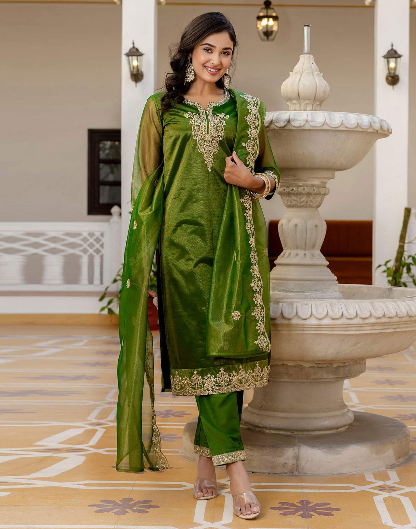 Net Sequins, Embroidery and Gota Lace Straight Kurta with Pant & Dupatta
