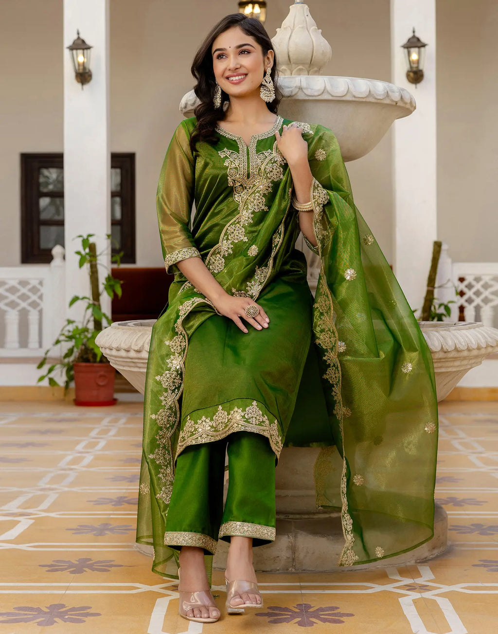 Shimmer Net Embroidered Straight 3 Piece Kurta Set