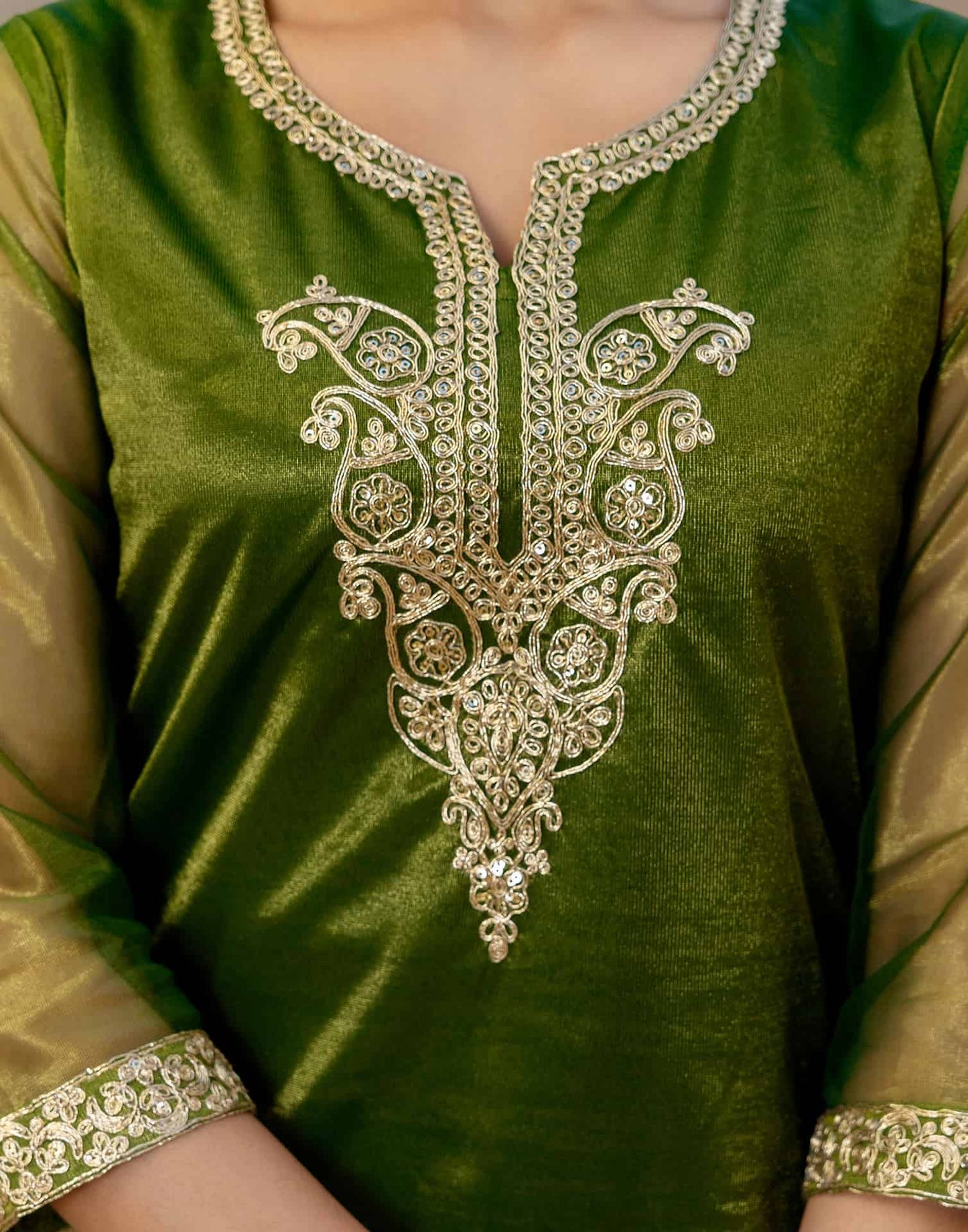 Net Sequins, Embroidery and Gota Lace Straight Kurta with Pant & Dupatta