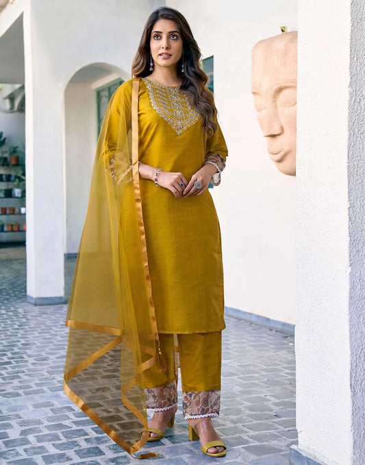 Silk Blend Sequence Embroidery Work and Lace Straight Kurta with Pant & Dupatta