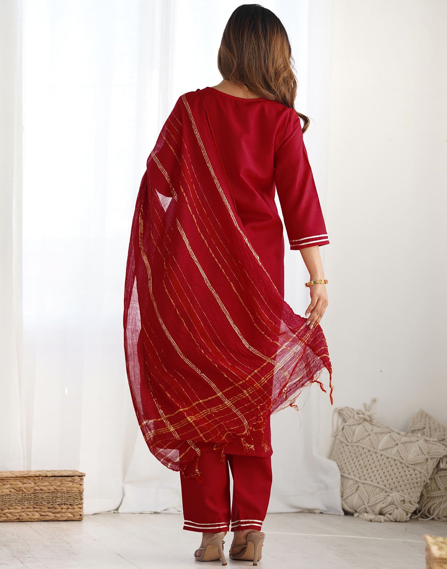 Cotton Blend Sequence, Embroidery and Lace Straight Kurta with Pant & Dupatta
