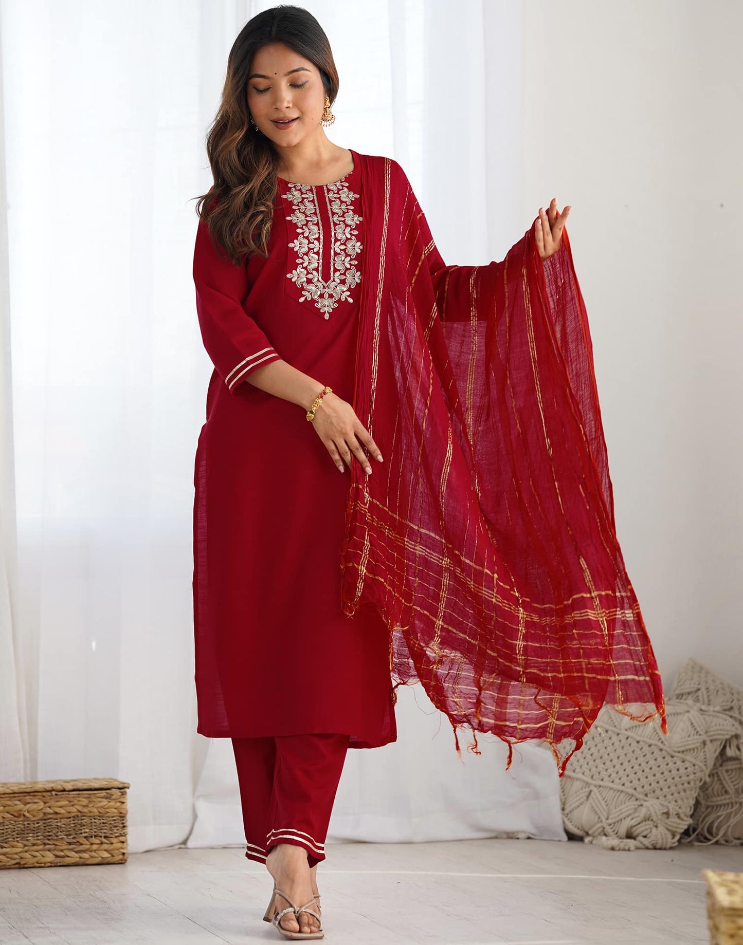 Cotton Blend Sequence, Embroidery and Lace Straight Kurta with Pant & Dupatta