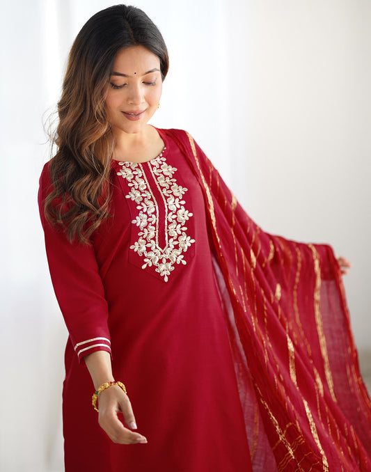 Cotton Blend Sequence, Embroidery and Lace Straight Kurta with Pant & Dupatta