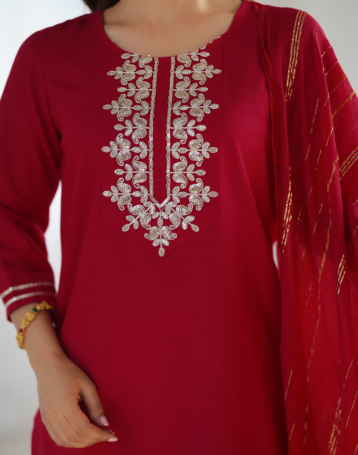 Cotton Blend Sequence, Embroidery and Lace Straight Kurta with Pant & Dupatta