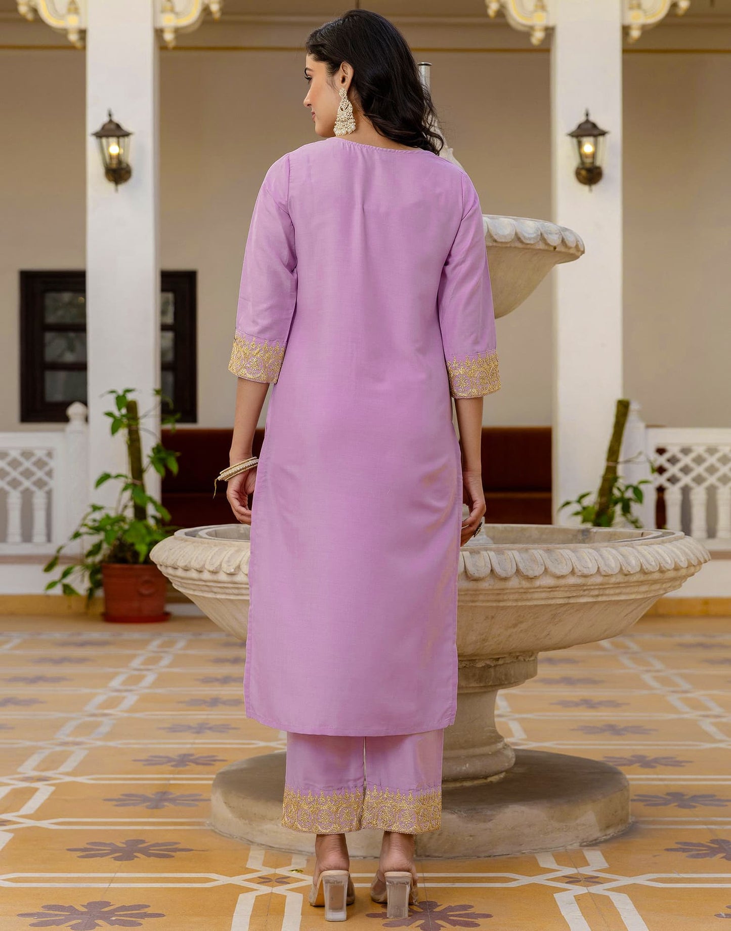 Silk Blend Embroidery Work and Embroidery Lace Straight Kurta with Pant & Dupatta