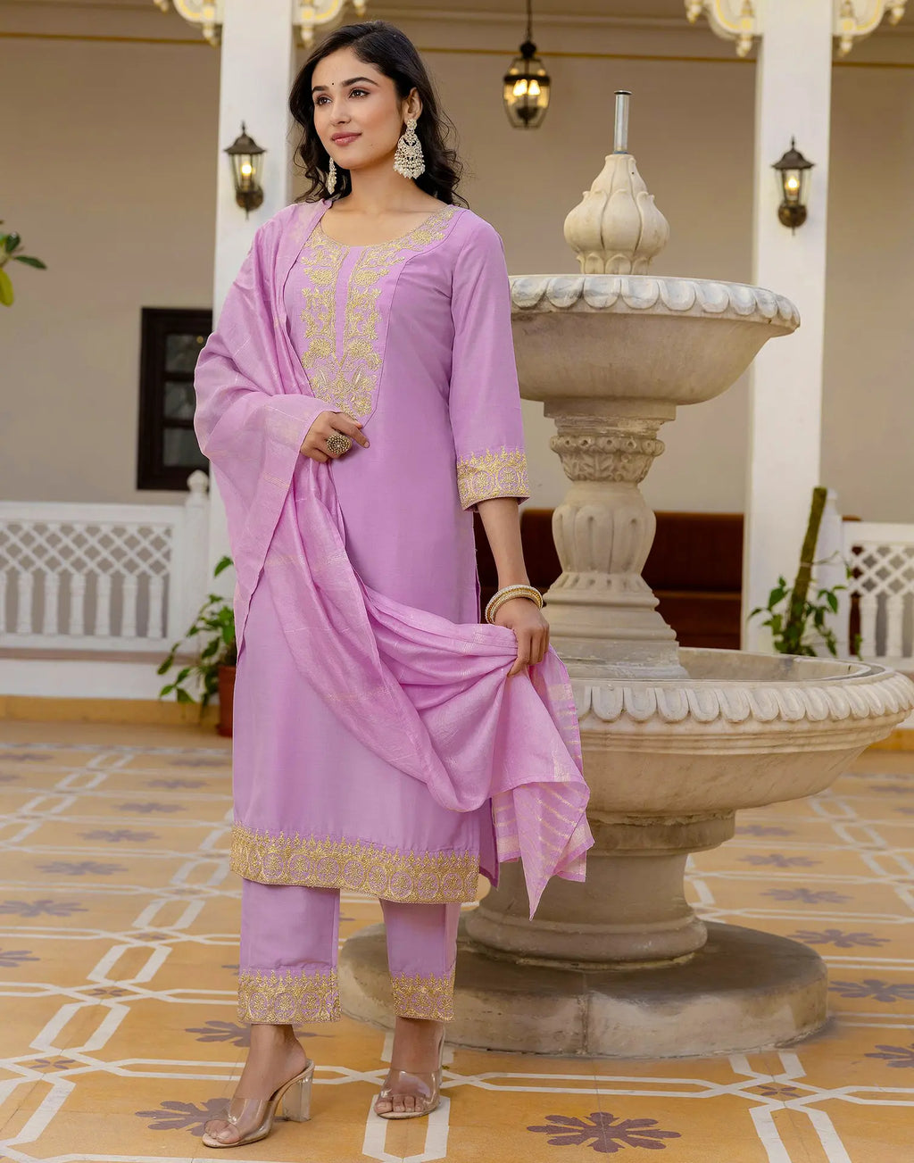 Poly Chinnon Embroidered Straight 3 Piece Kurta Set