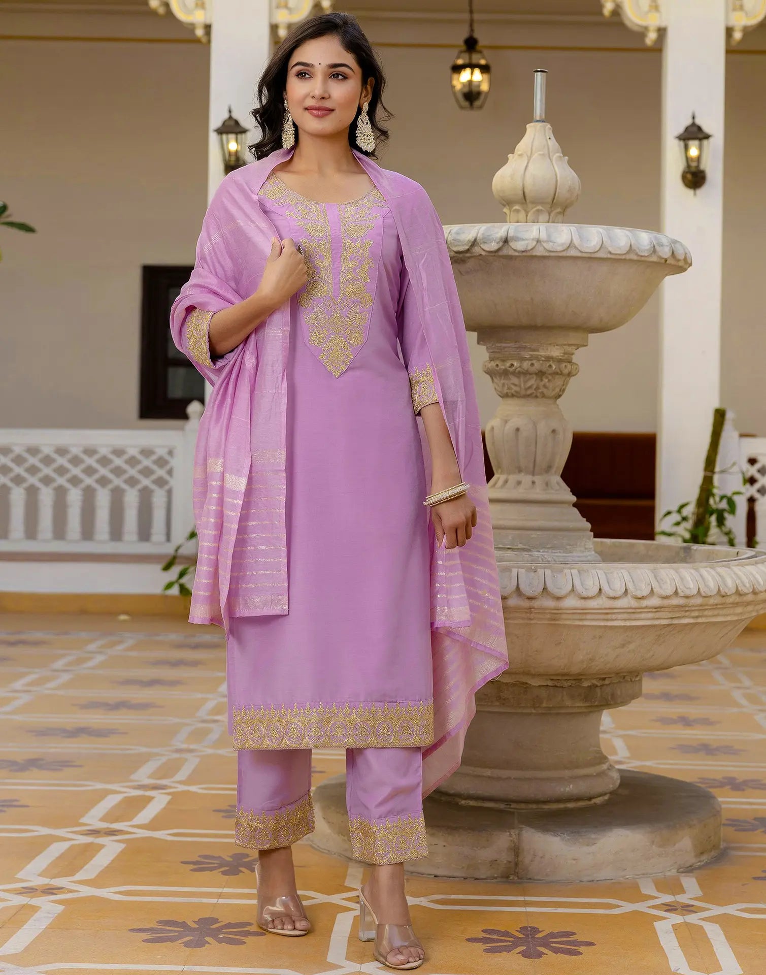 Poly Chinnon Embroidered Straight 3 Piece Kurta Set