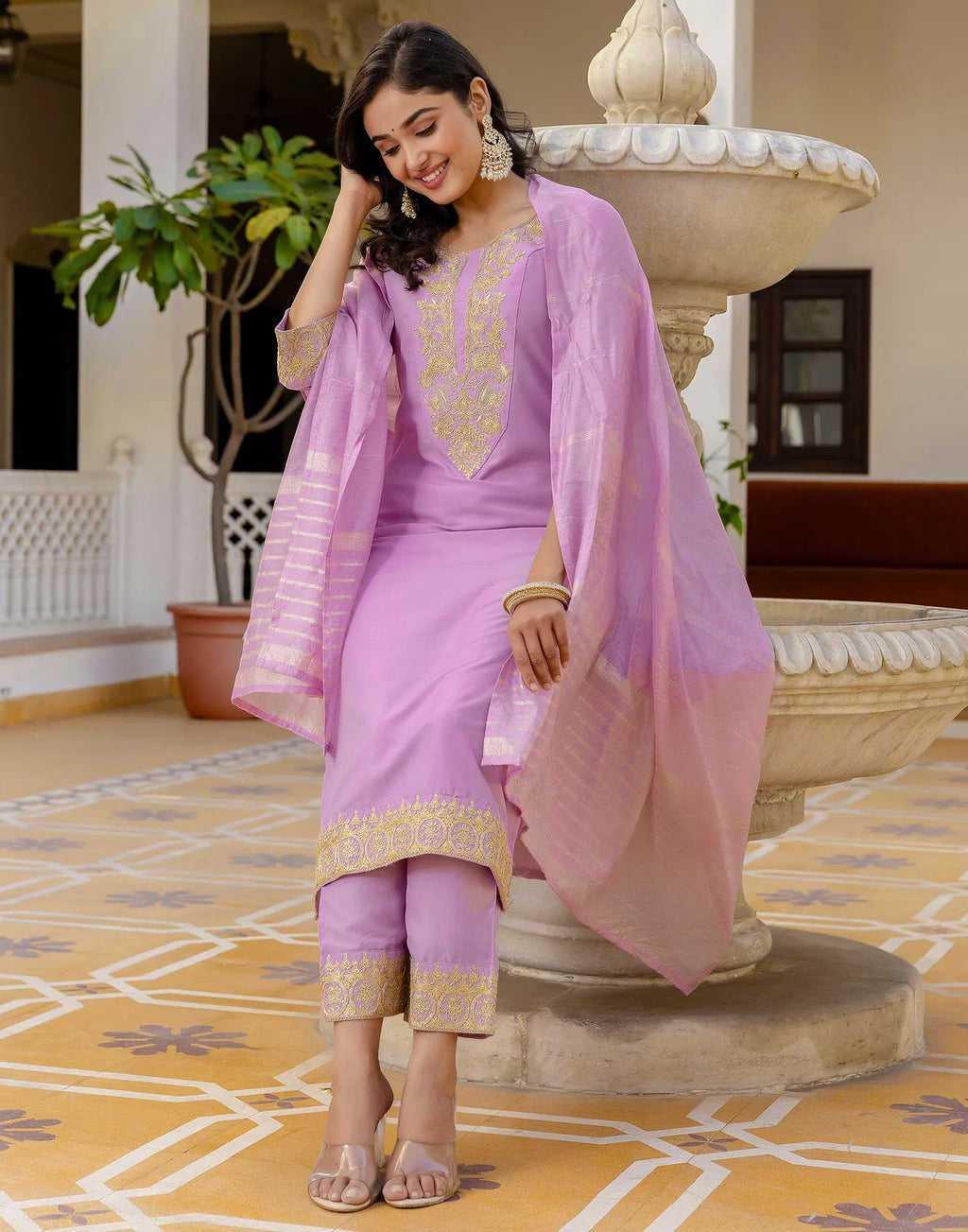 Poly Chinnon Embroidered Straight 3 Piece Kurta Set