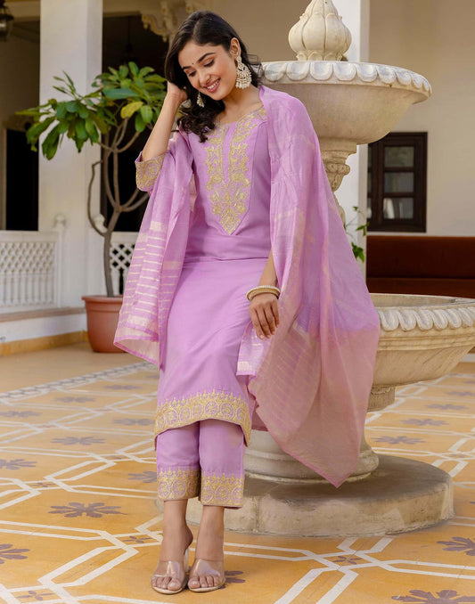 Silk Blend Embroidery Work and Embroidery Lace Straight Kurta with Pant & Dupatta