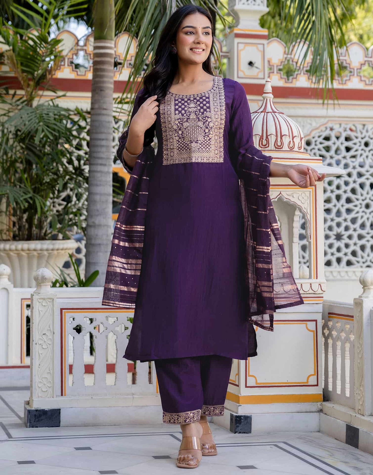 Silk Blend Weaving and Lace Straight Kurta with Pant & Dupatta