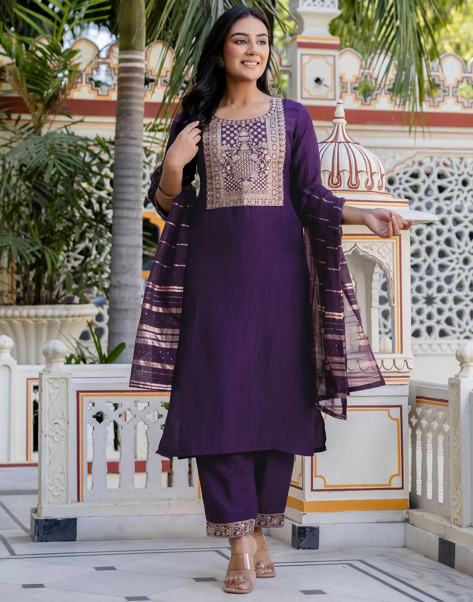 Poly Chinnon Woven Straight 3 Piece Kurta Set