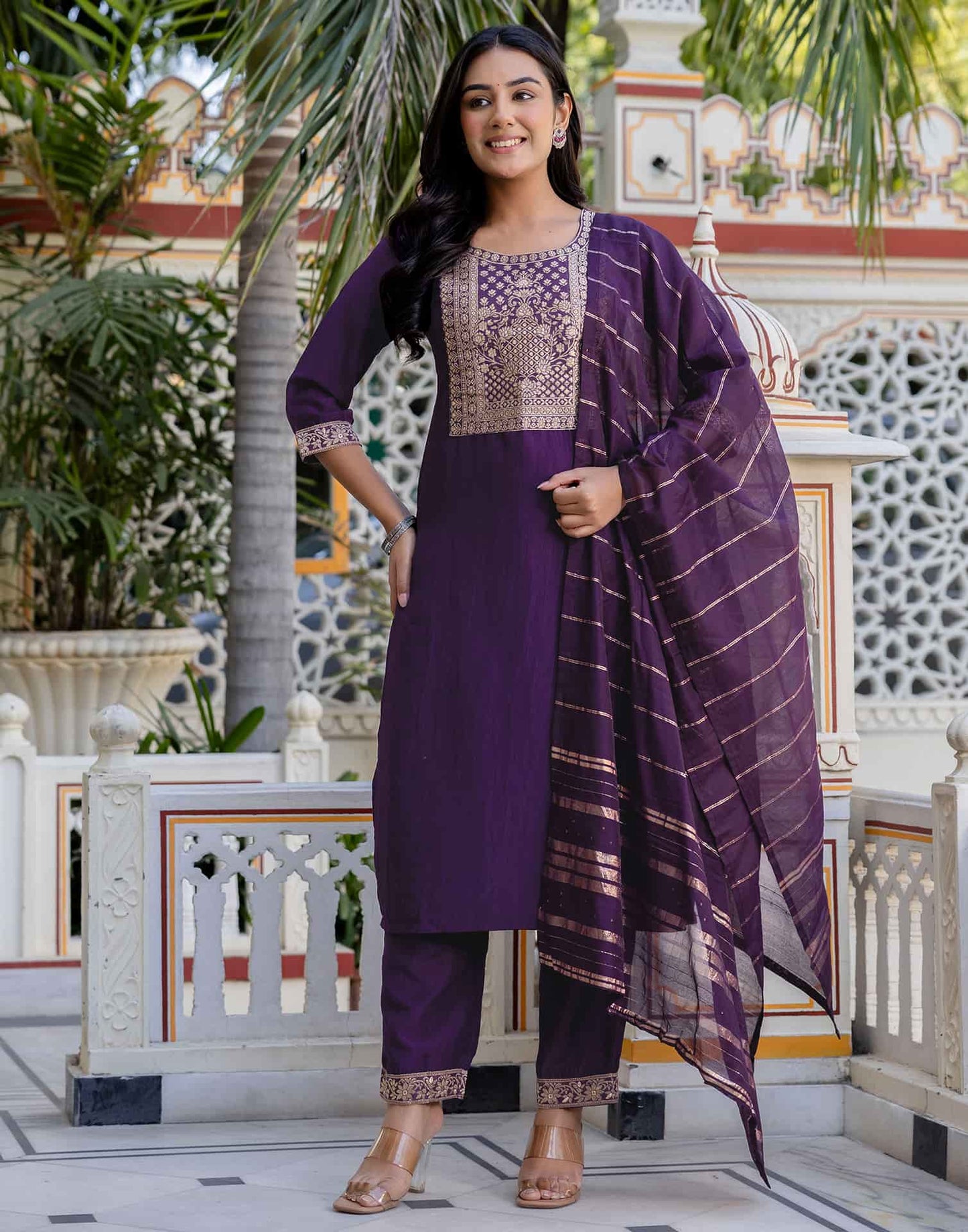 Silk Blend Weaving and Lace Straight Kurta with Pant & Dupatta