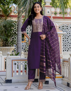 Poly Chinnon Woven Straight 3 Piece Kurta Set