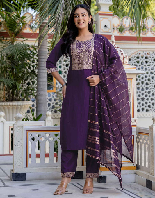 Silk Blend Weaving and Lace Straight Kurta with Pant & Dupatta