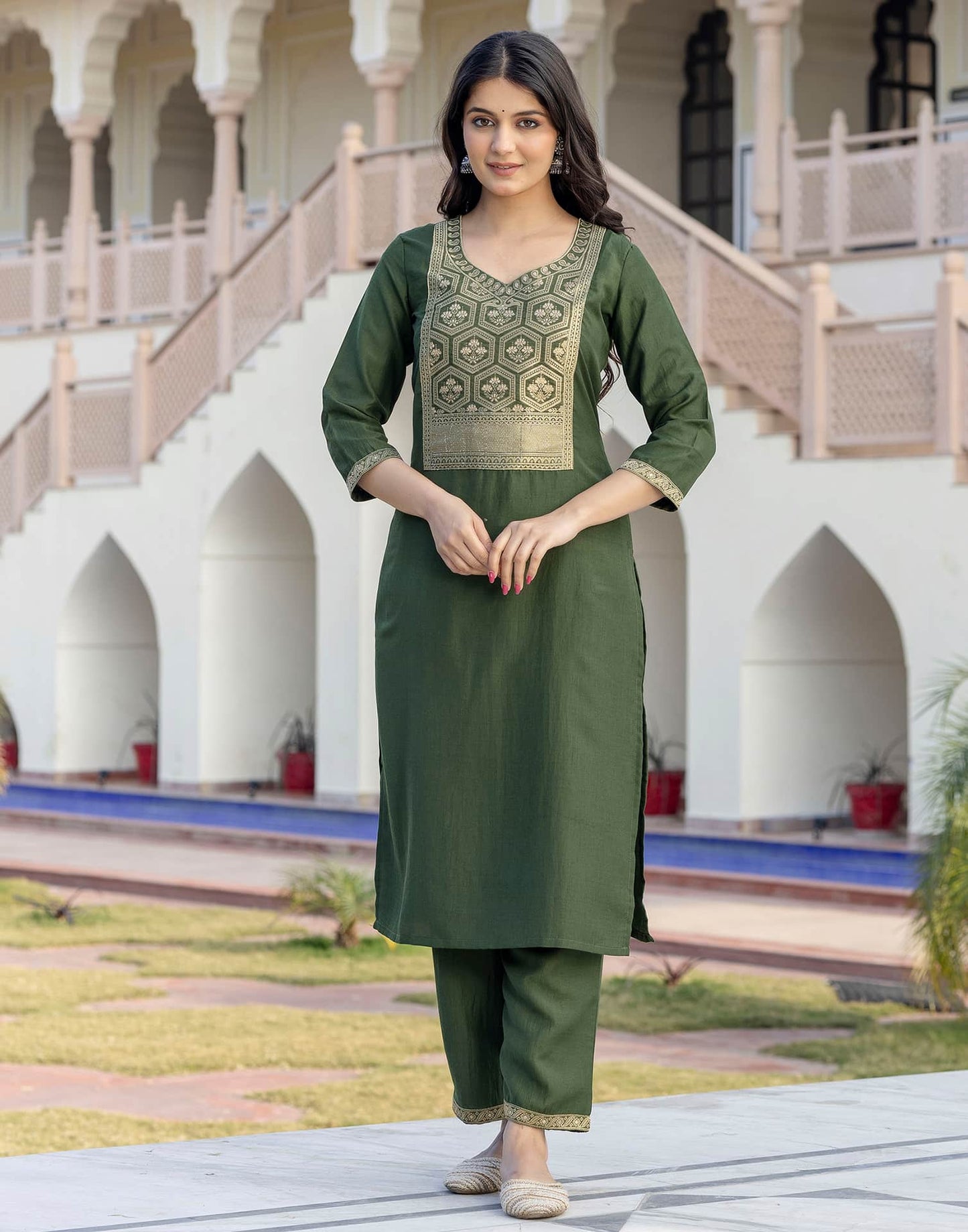 Silk Blend Weaving and Lace Straight Kurta with Pant & Dupatta