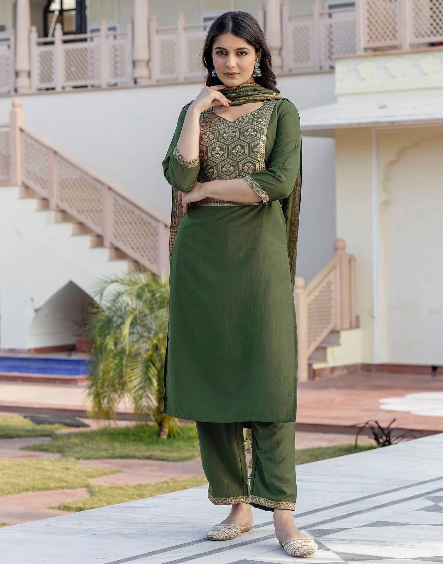 Silk Blend Weaving and Lace Straight Kurta with Pant & Dupatta