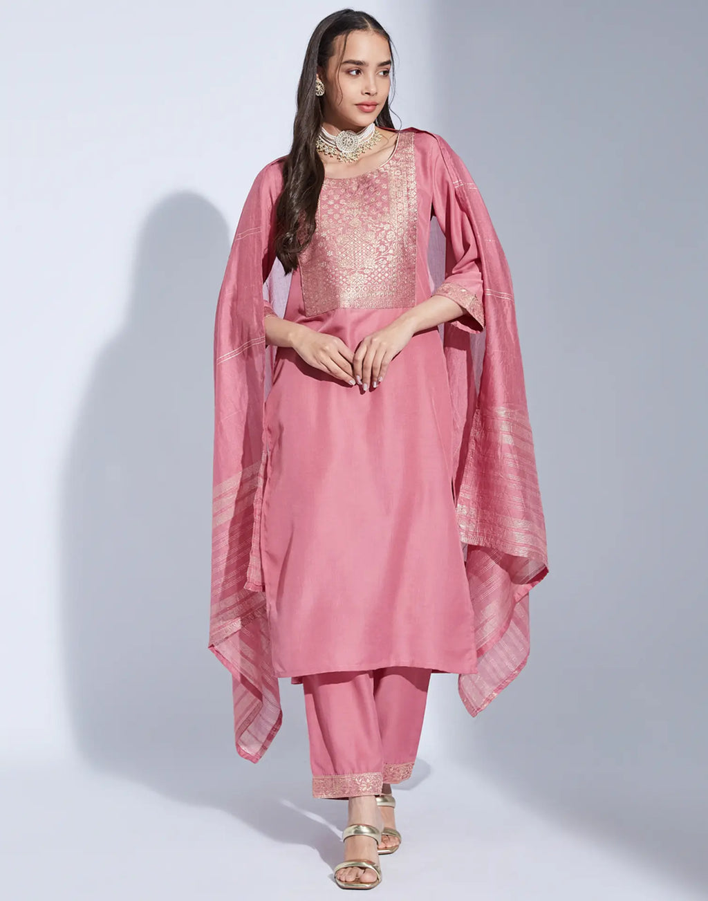 Poly Chinnon Woven Straight 3 Piece Kurta Set