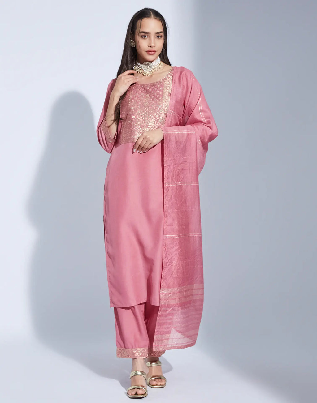 Poly Chinnon Woven Straight 3 Piece Kurta Set