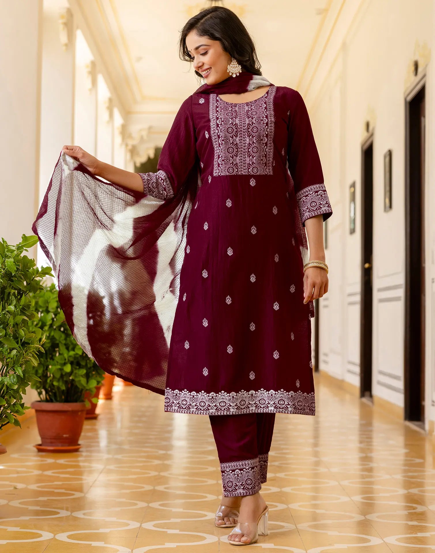 Poly Chinnon Printed Straight 3 Piece Kurta Set