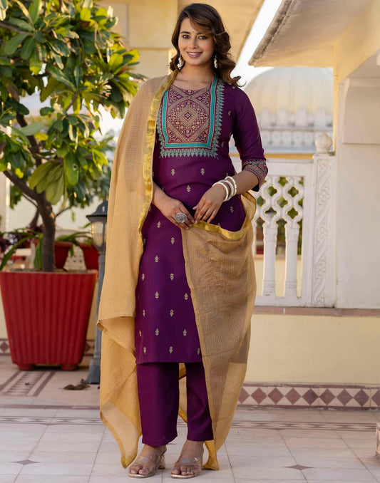 Cotton Blend Table Print Straight Kurta with Pant & Dupatta