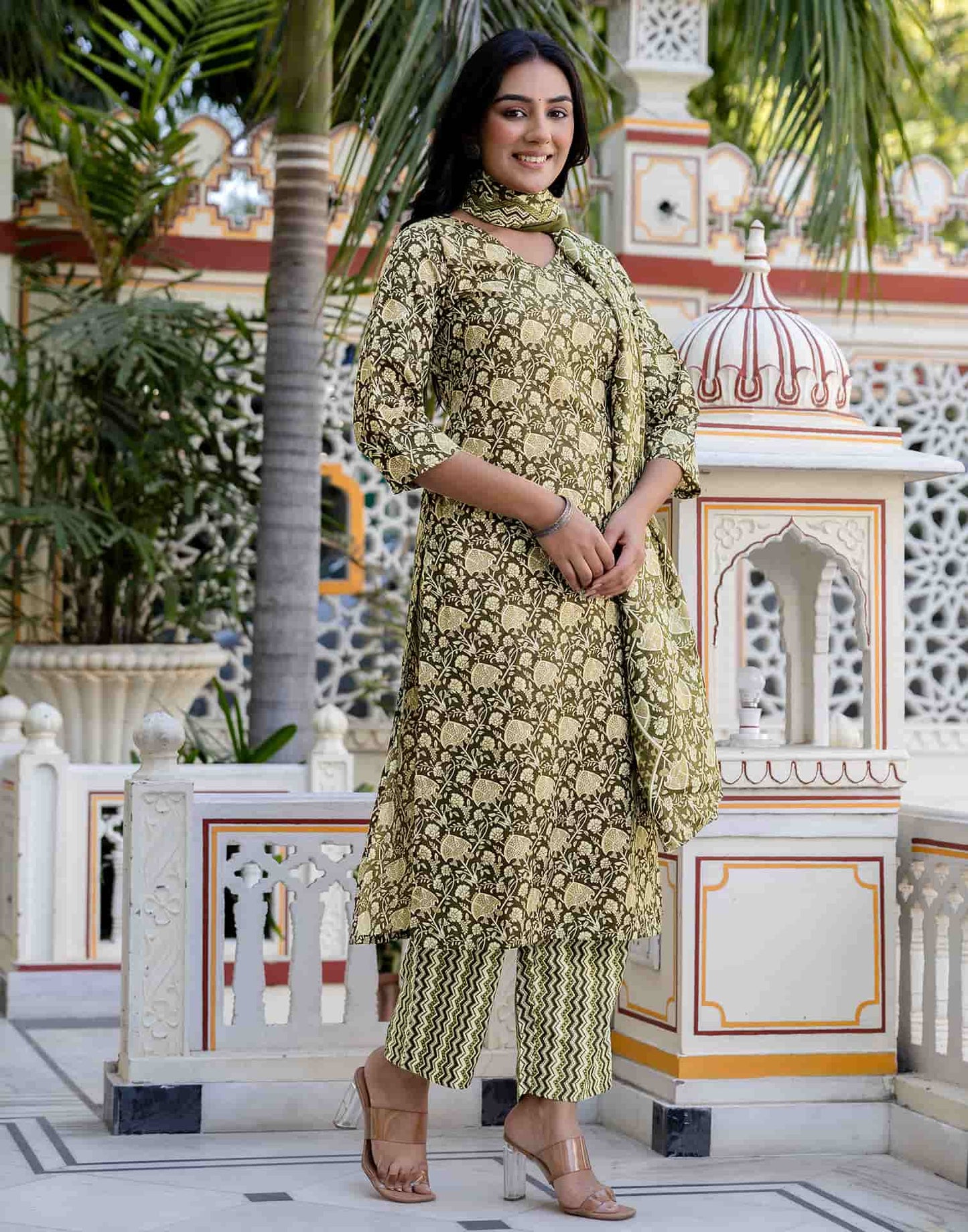 Cotton Blend Printed and Foil Print Straight Kurta with Pant & Dupatta