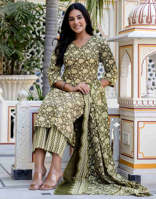 Cotton Blend Printed and Foil Print Straight Kurta with Pant & Dupatta