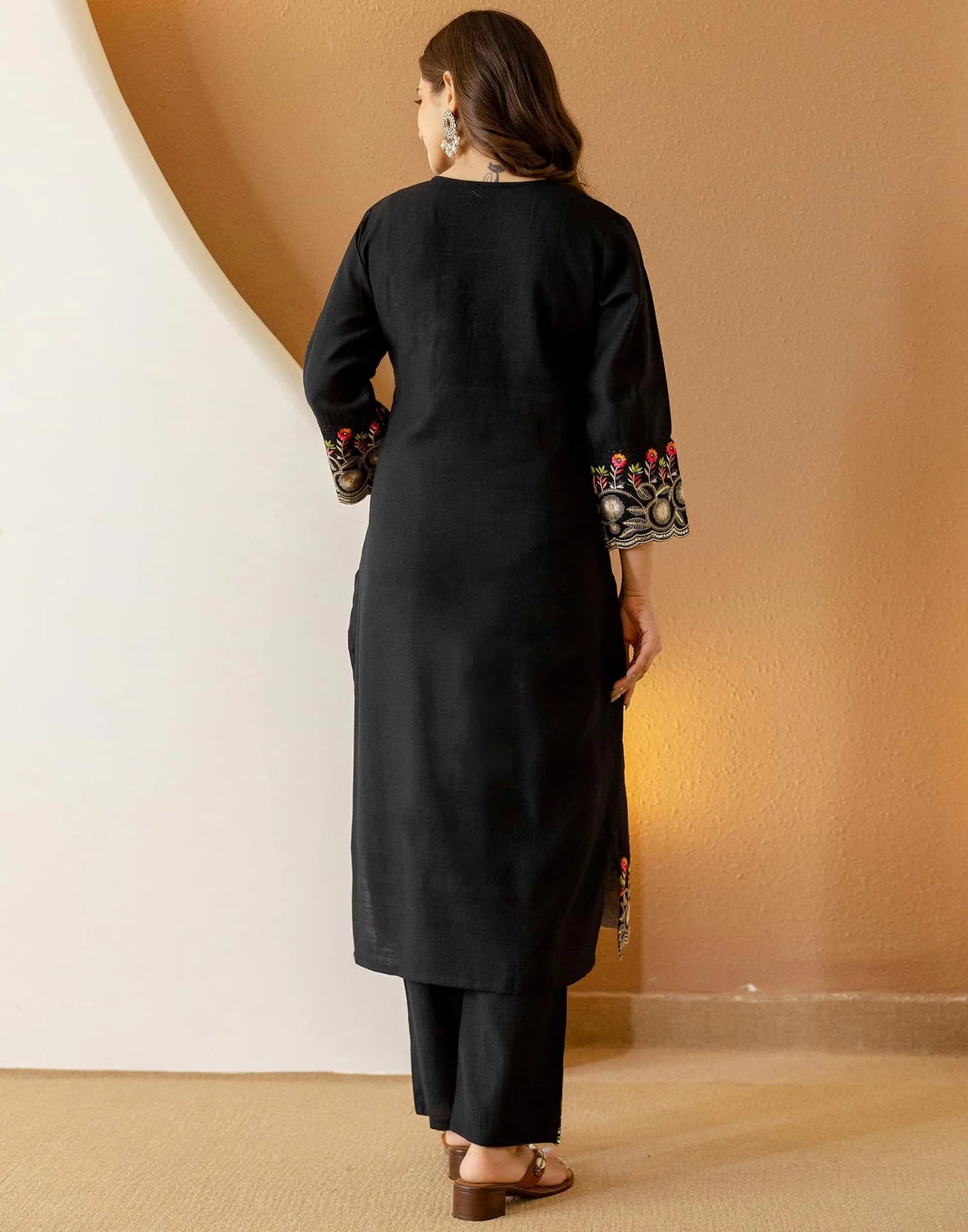 Black Silk Embroidered Straight Kurta Set with Pant & Dupatta under 1299 