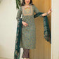 Dark Green Cotton Printed Straight Kurta Set with Pant & Dupatta under 999