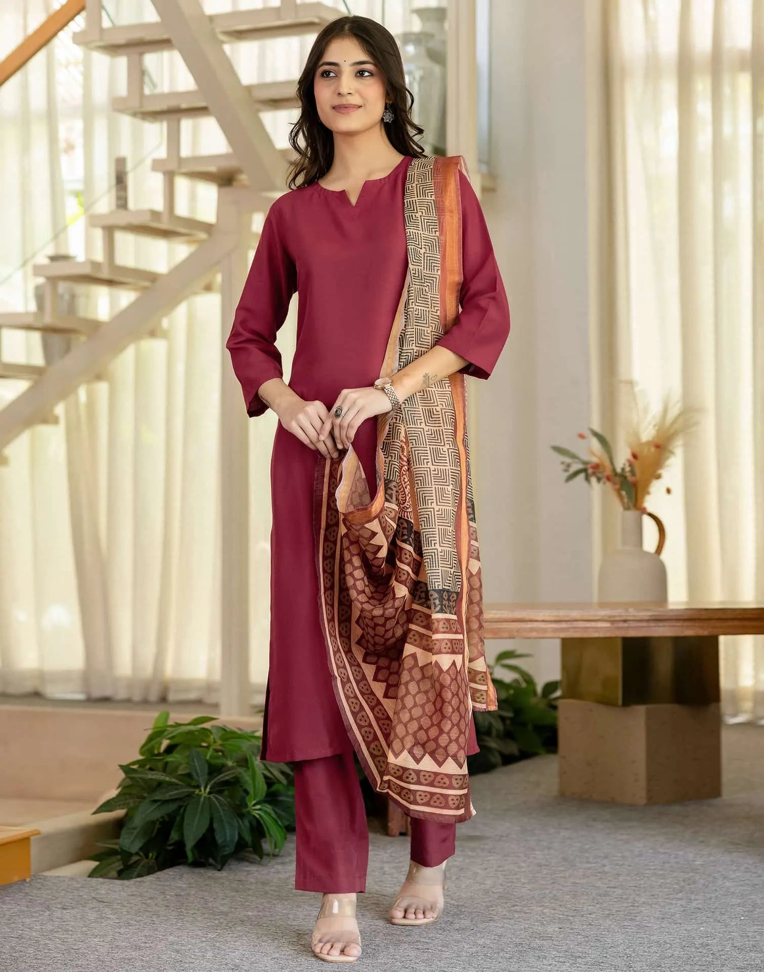 Skylee Viscose Rayon Plain Straight 3 Piece Kurta Set For Woman