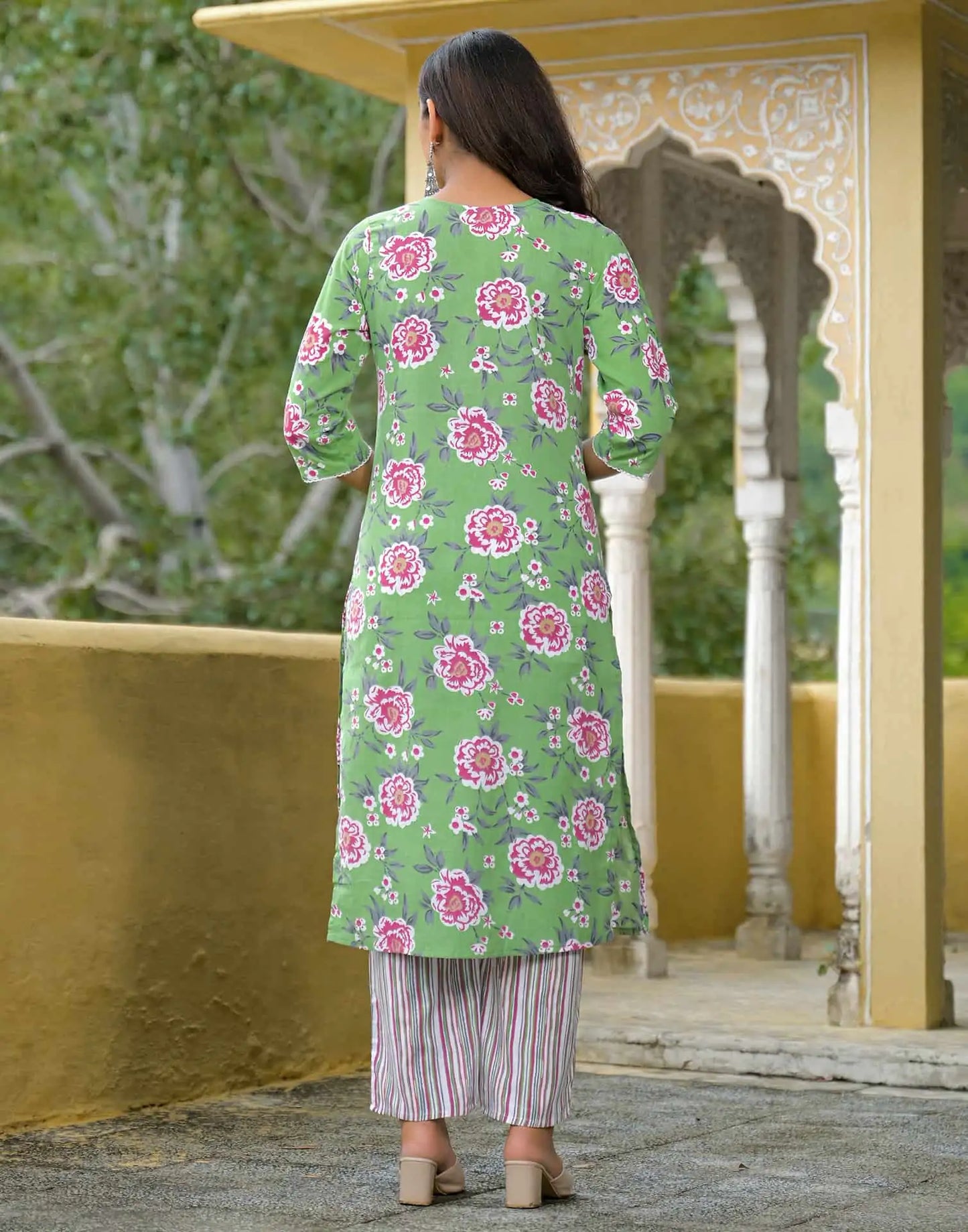 Cotton Straight Printed V-Neck Kurta with Pant & Dupatta
