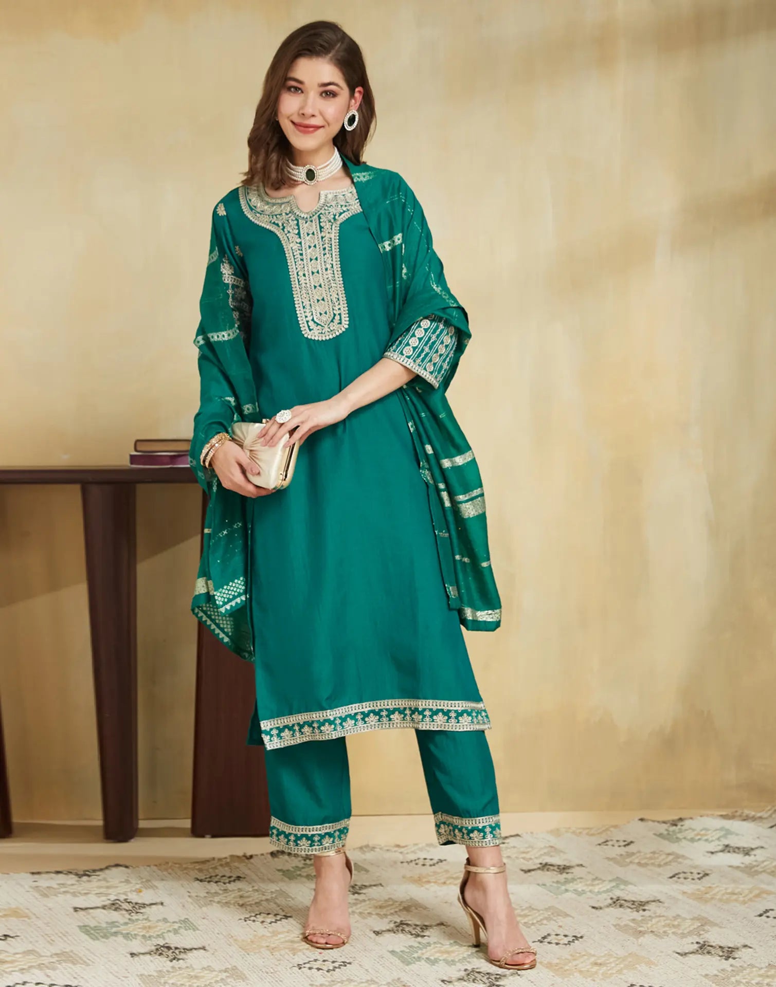Poly Chinnon Embroidered Straight 3 Piece Kurta Set