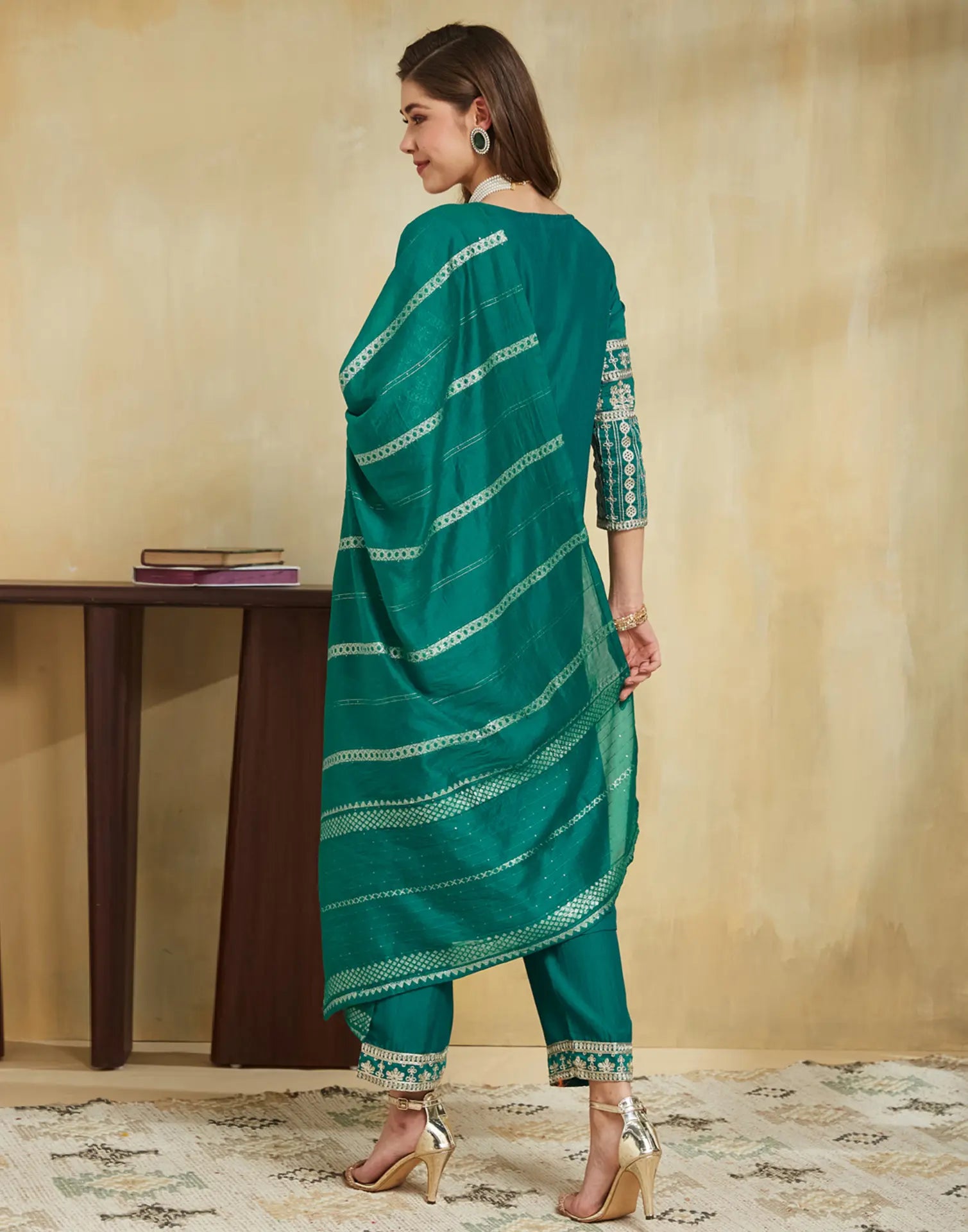 Poly Chinnon Embroidered Straight 3 Piece Kurta Set