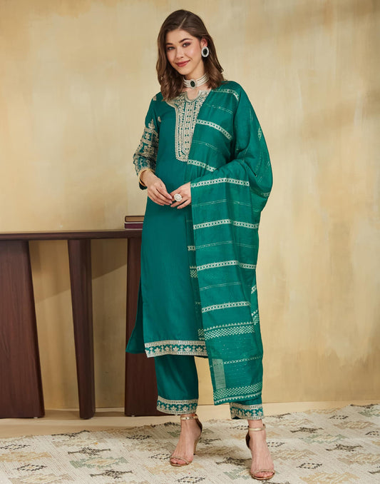 Silk Blend Embroidery Work and Embroidery Lace Straight Kurta with Pant & Dupatta