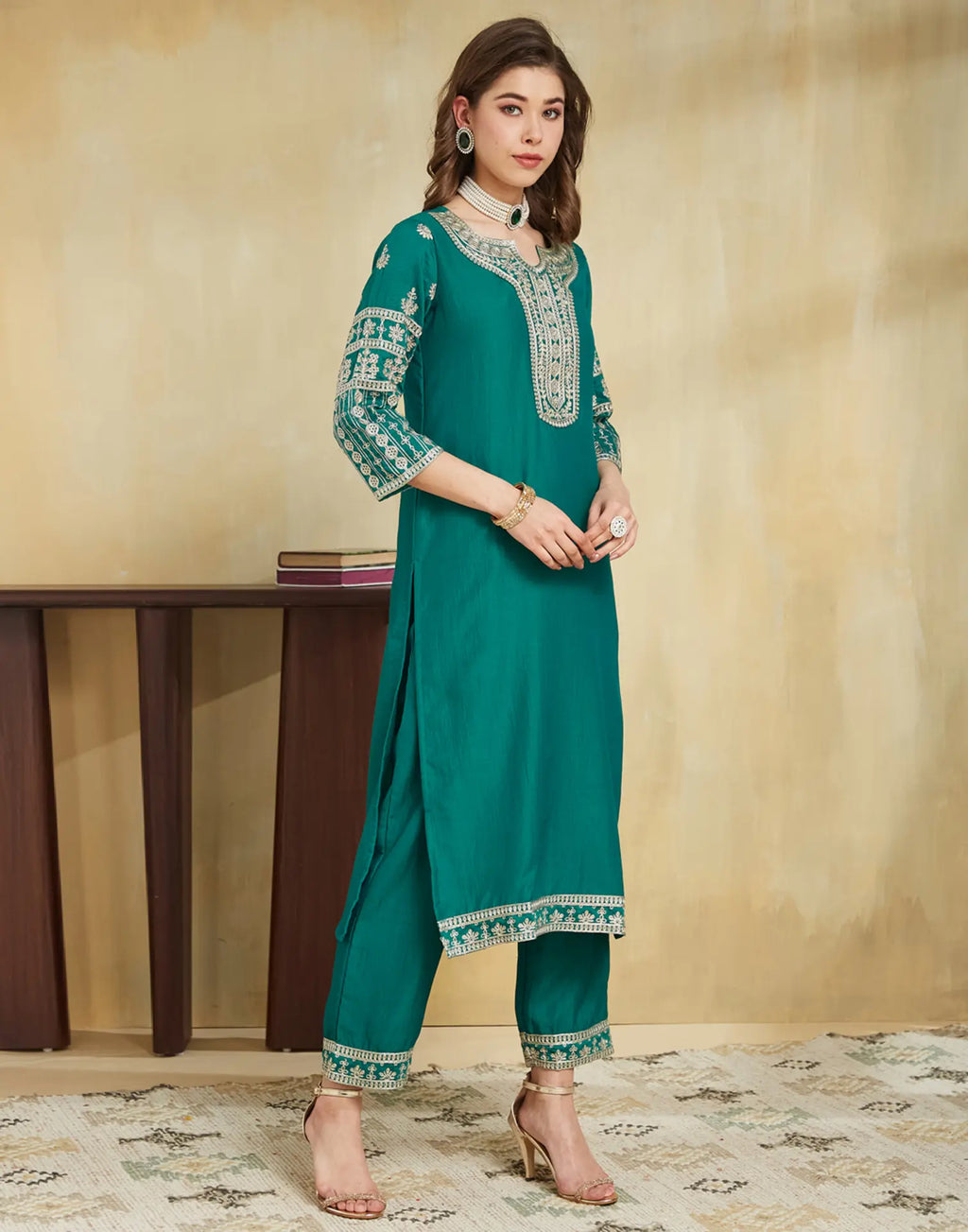 Poly Chinnon Embroidered Straight 3 Piece Kurta Set