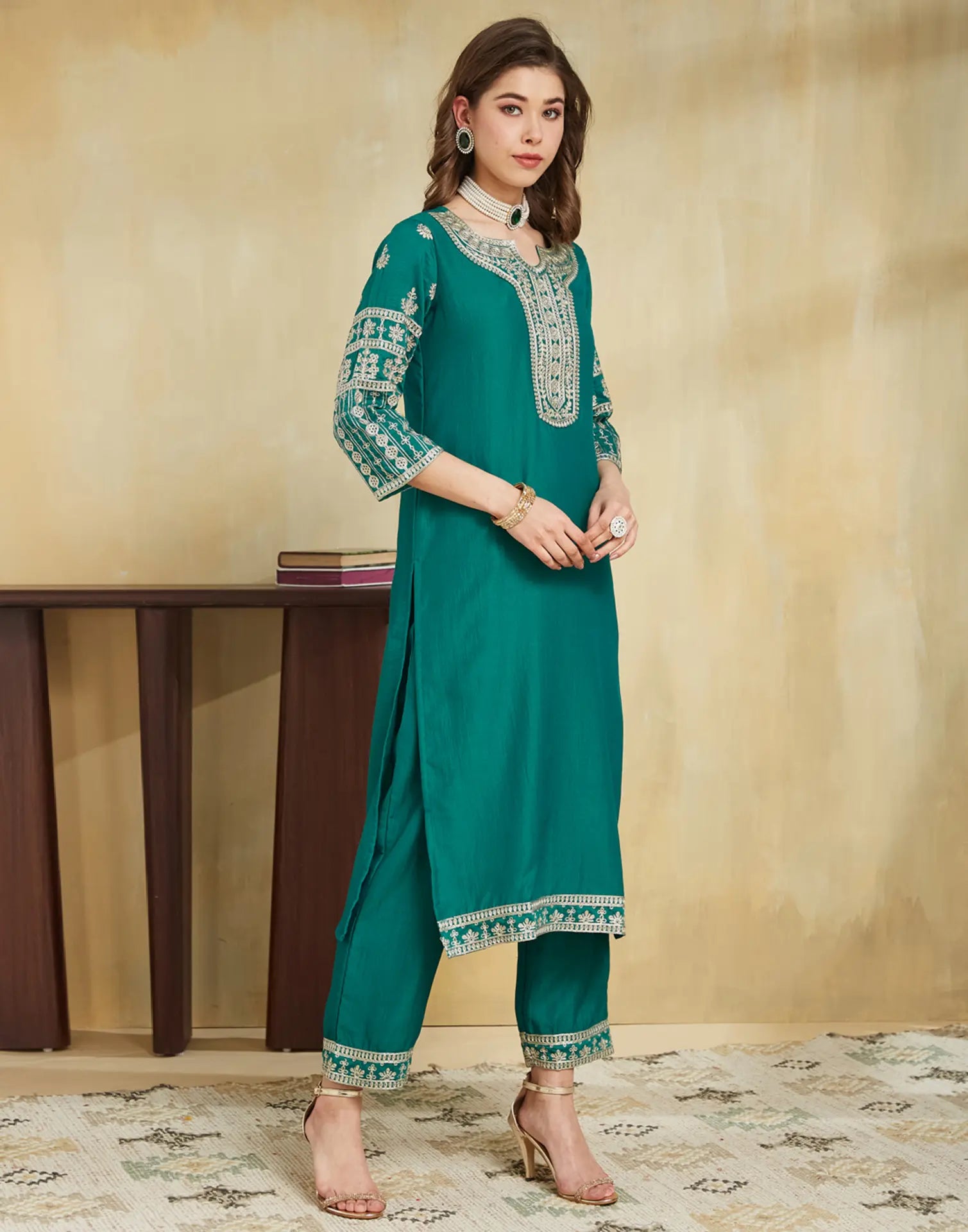 Poly Chinnon Embroidered Straight 3 Piece Kurta Set