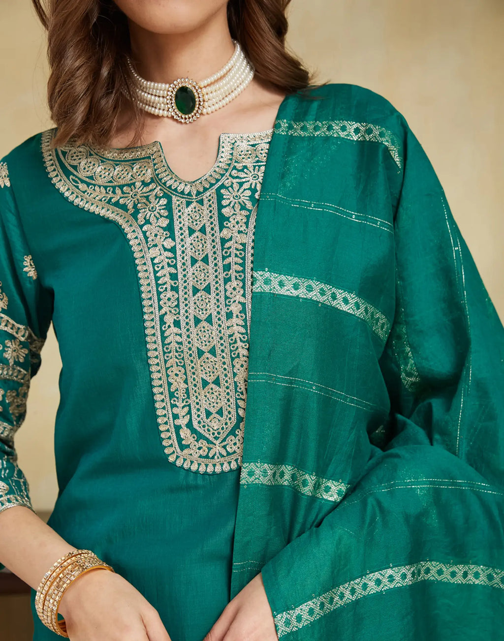 Poly Chinnon Embroidered Straight 3 Piece Kurta Set