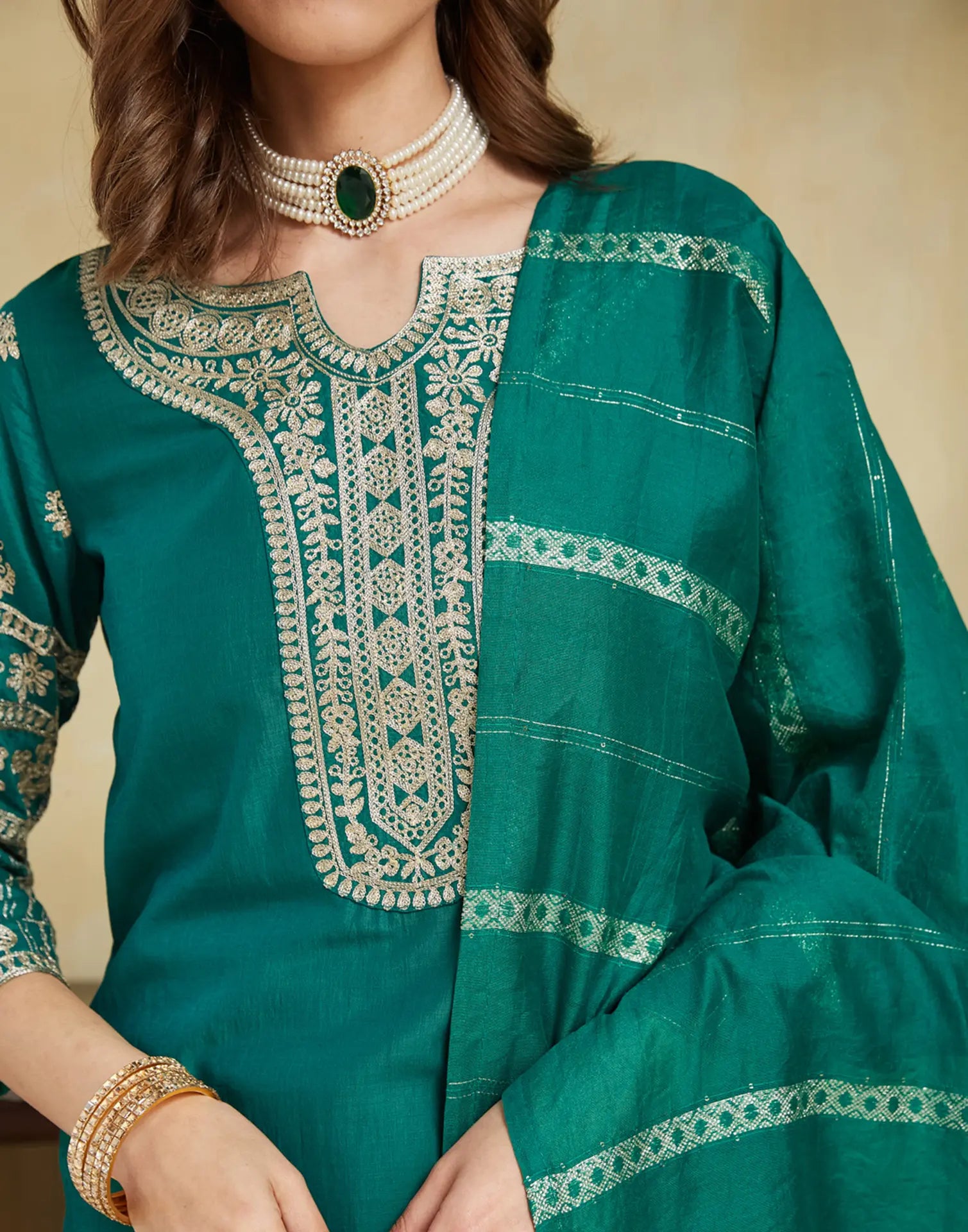 Poly Chinnon Embroidered Straight 3 Piece Kurta Set