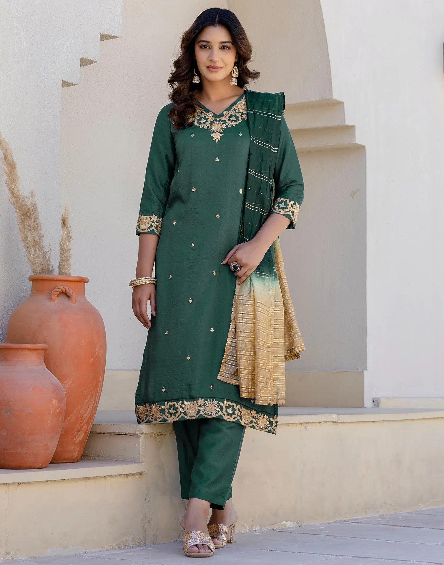Poly Chinnon Embroidered Straight 3 Piece Kurta Set