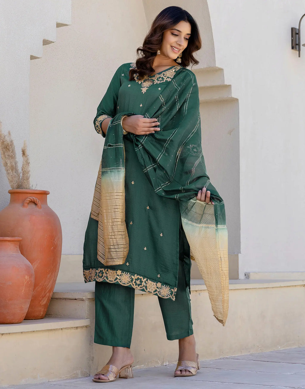 Poly Chinnon Embroidered Straight 3 Piece Kurta Set