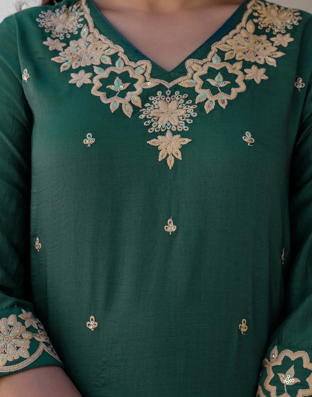 Poly Chinnon Embroidered Straight 3 Piece Kurta Set