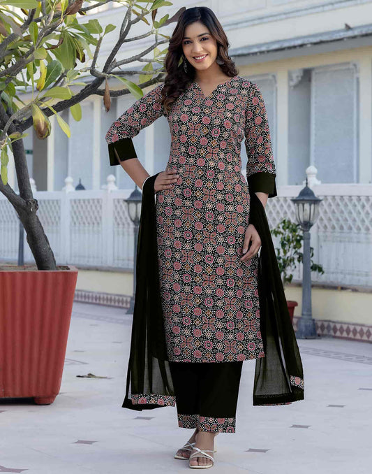 Crepe Floral Printed Straight Kurta with Pant & Dupatta