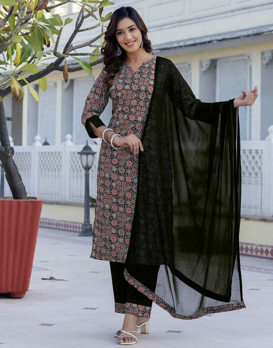 Crepe Floral Printed Straight Kurta with Pant & Dupatta