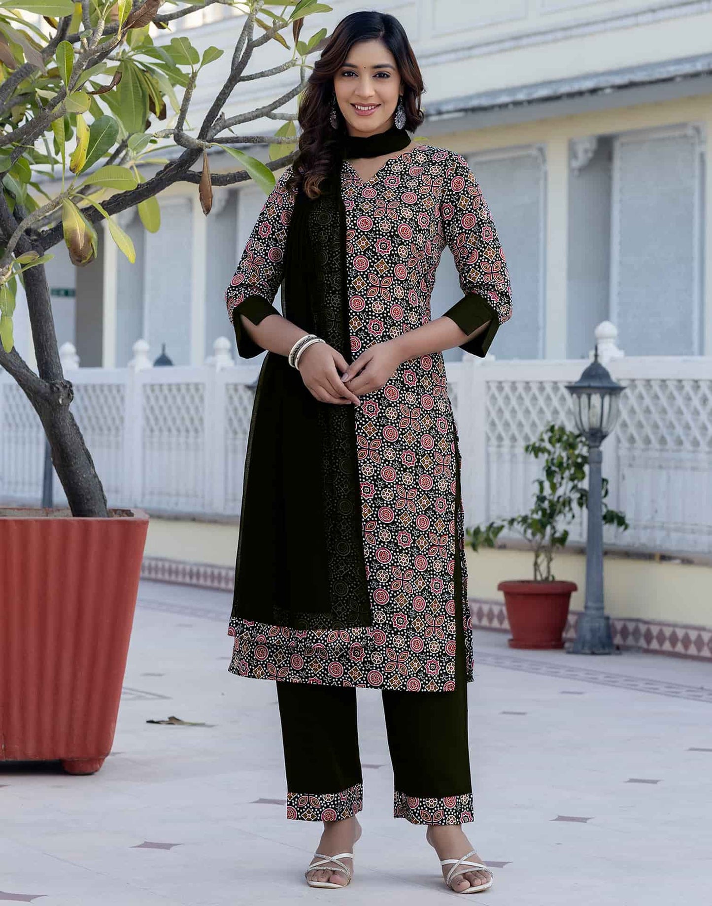 Crepe Floral Printed Straight Kurta with Pant & Dupatta