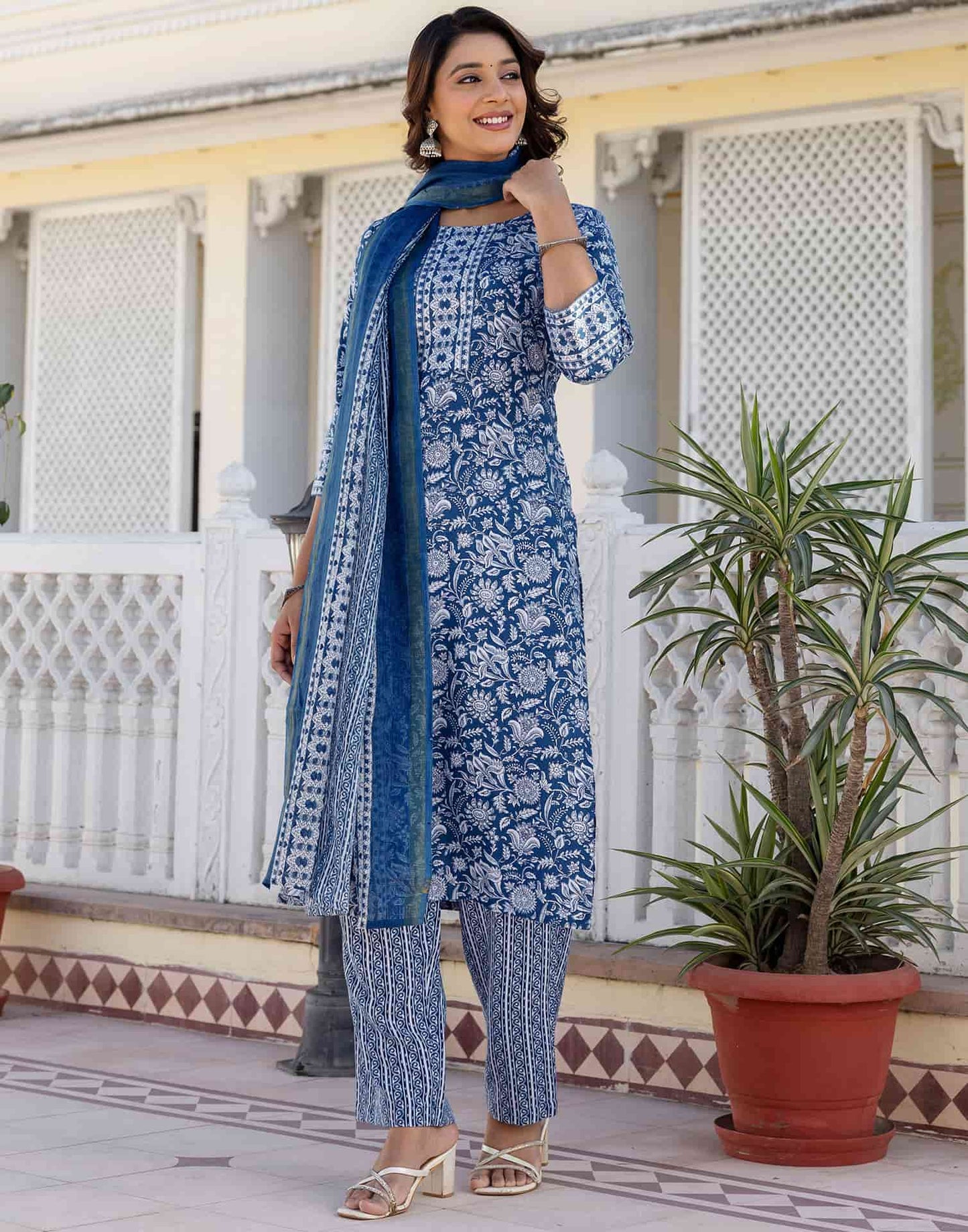 Cotton Printed A-Line Kurta with Pant & Dupatta