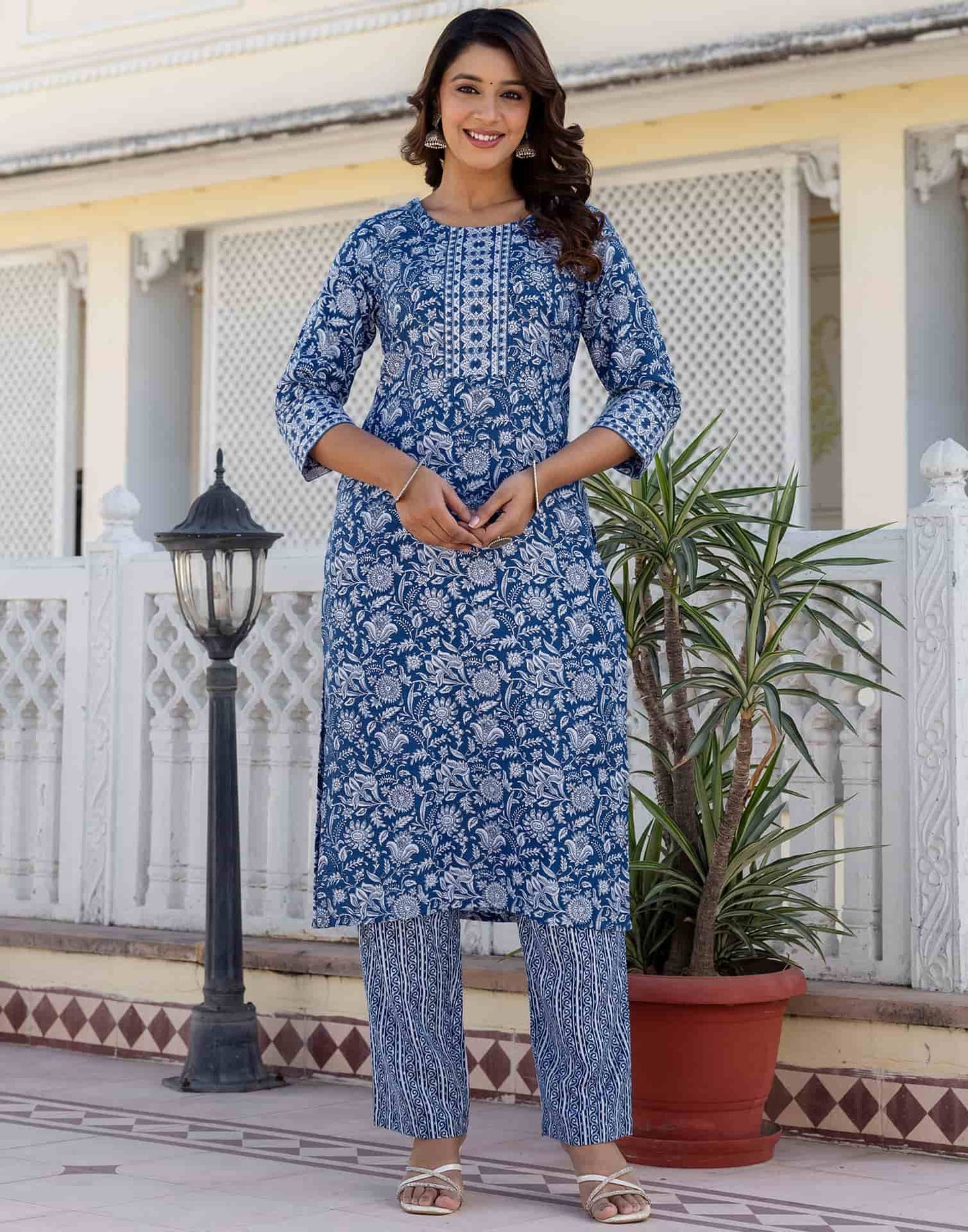 Cotton Printed A-Line Kurta with Pant & Dupatta