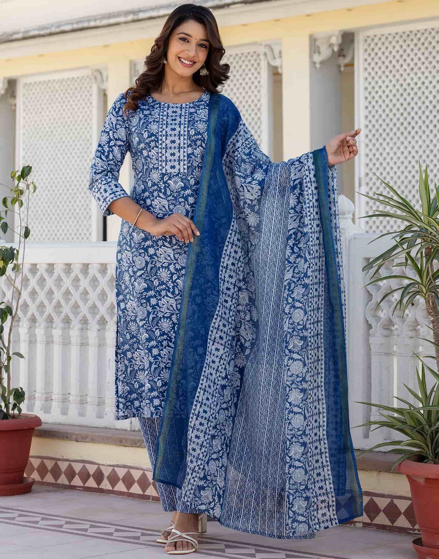Cotton Printed A-Line Kurta with Pant & Dupatta