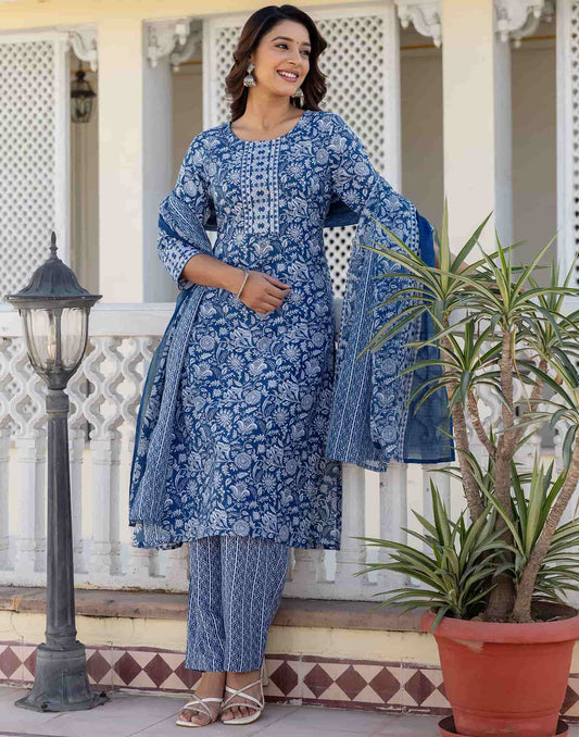Cotton Printed A-Line Kurta with Pant & Dupatta