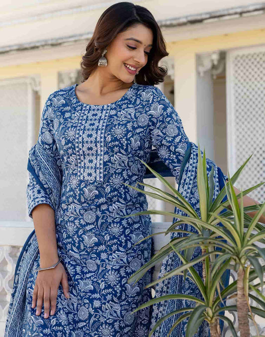 Cotton Printed A-Line Kurta with Pant & Dupatta